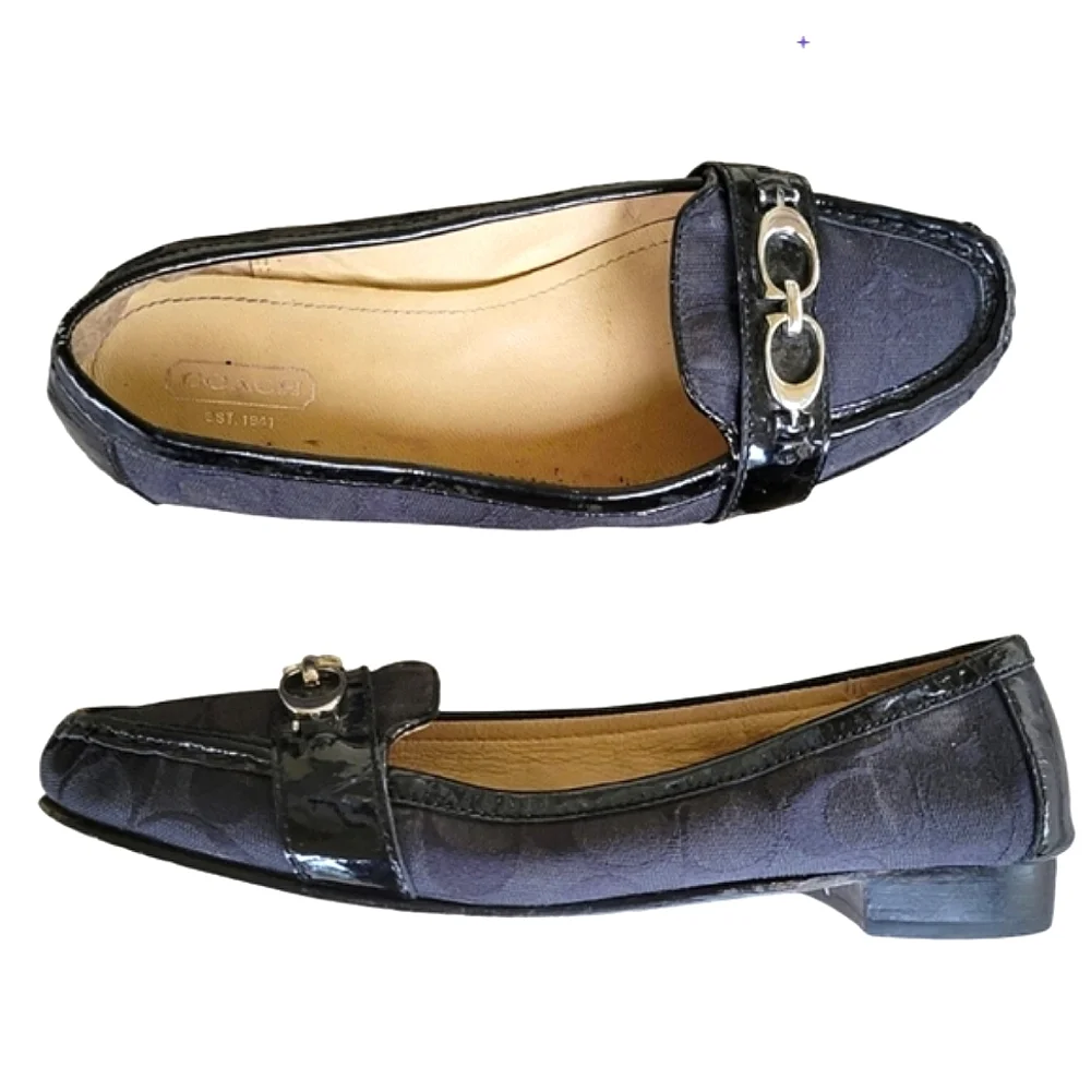 COACH Enrica Jacquard Patent Logo Flats Loafers Shoes EUC